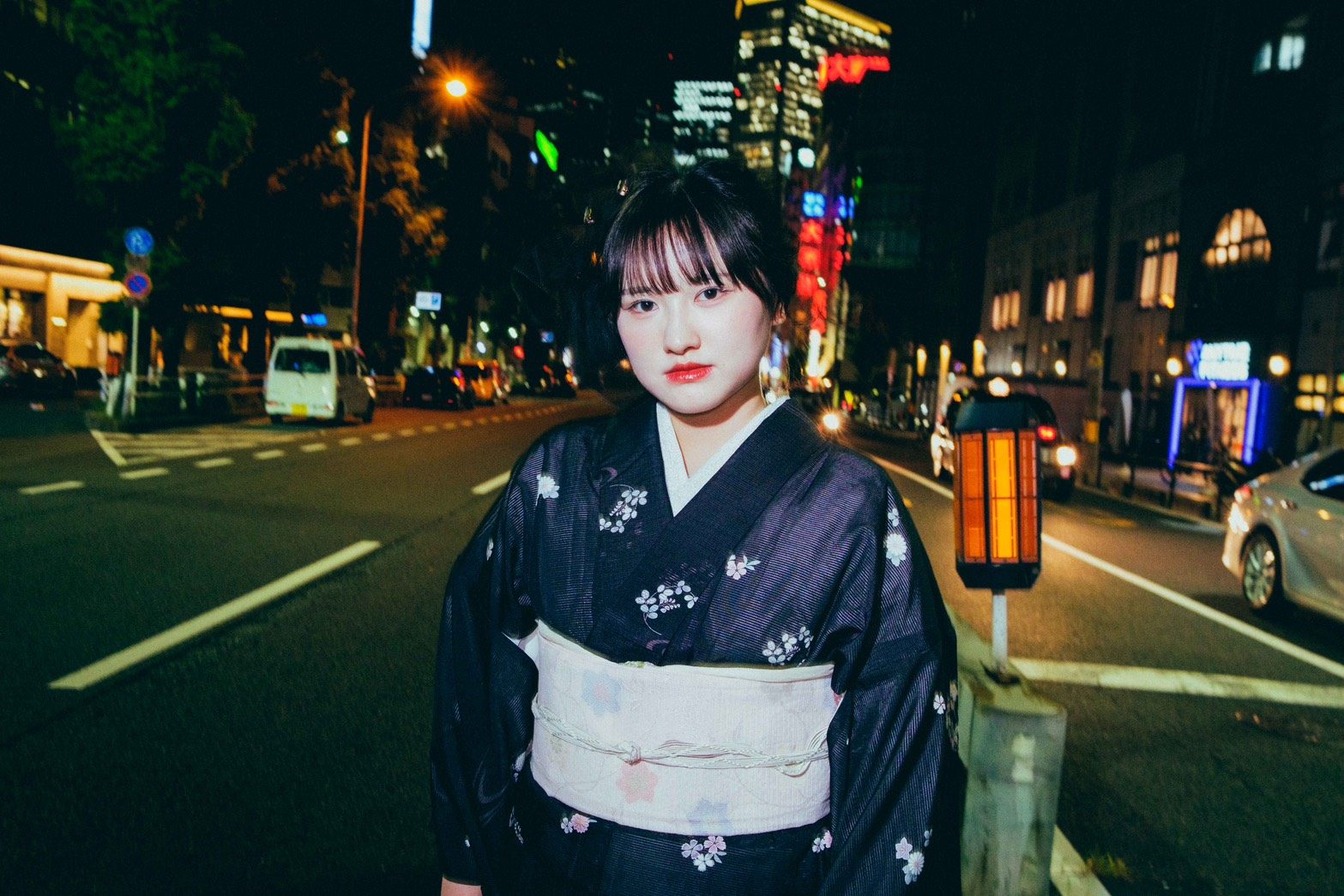 夜の街での着物撮影