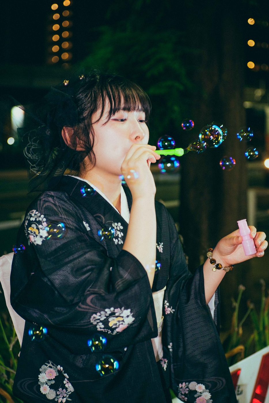 夜の街での着物撮影