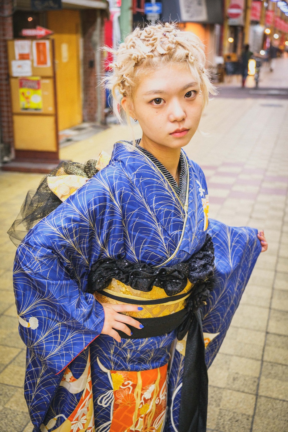 商店街での着物撮影